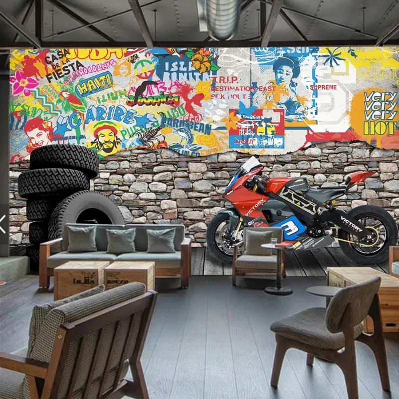 Фото обои 3D стерео мотоцикл улица граффити кирпичная стена на заказ КТВ Бар фон