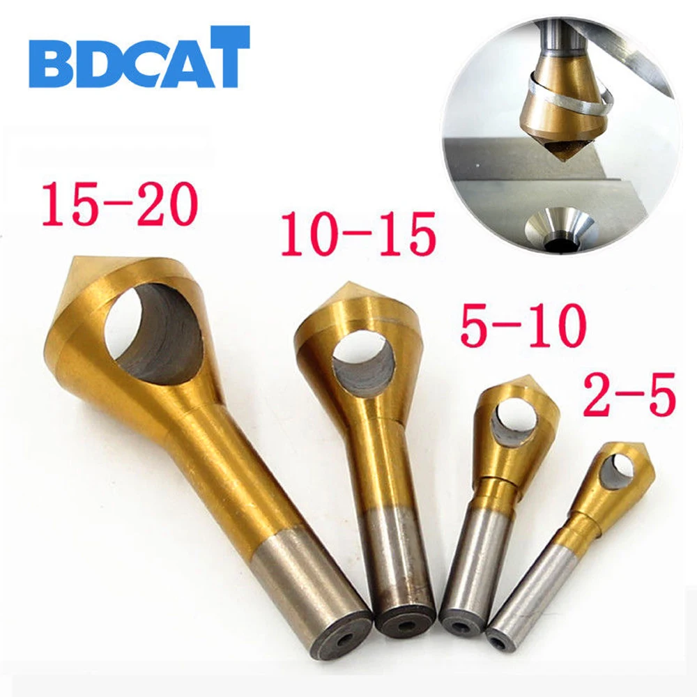 

BDCAT 4pcs/set 2-5mm 5-10mm 10-15mm 15-20mm Titanium Coated Countersink & Deburring Center Drill Bits Expanding Step Chamfering