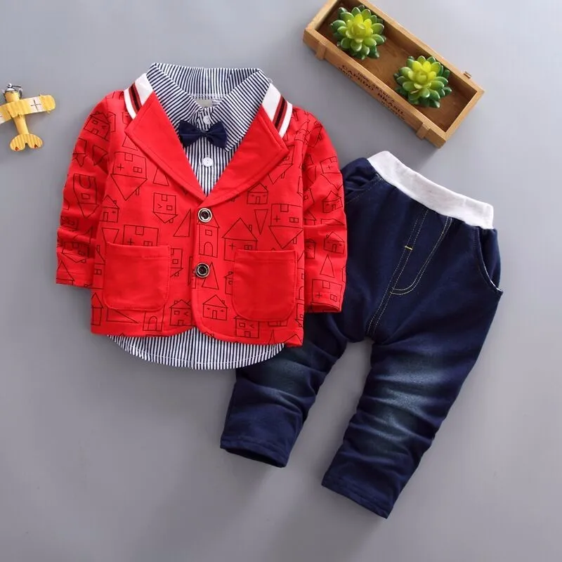 YZ fangzi Red Новинка весны детская одежда Детский Блейзер деловой костюм джентльмена для Повседневное, костюмы для мальчиков, куртки с бантом и галстуком-бабочкой, футболка, штаны, 3 шт./компл., Одежда для младенцев - Цвет: YZ fangzi Red