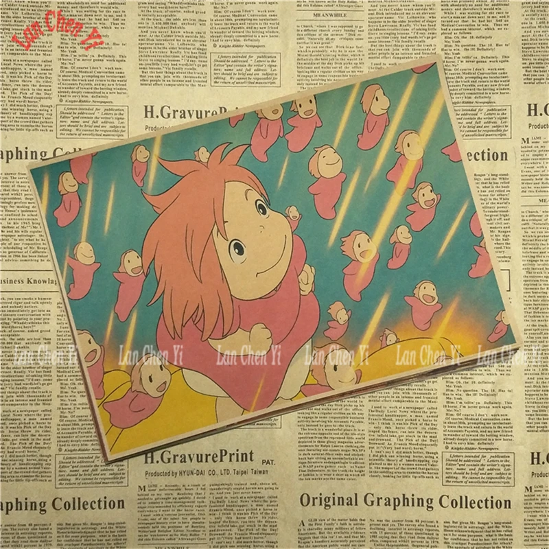 Ponyo на скале Хаяо Миядзаки мультфильм фильм крафт бумага Плакат Бар Кафе гостиная столовая детская комната декоративные картины - Цвет: Бургундия