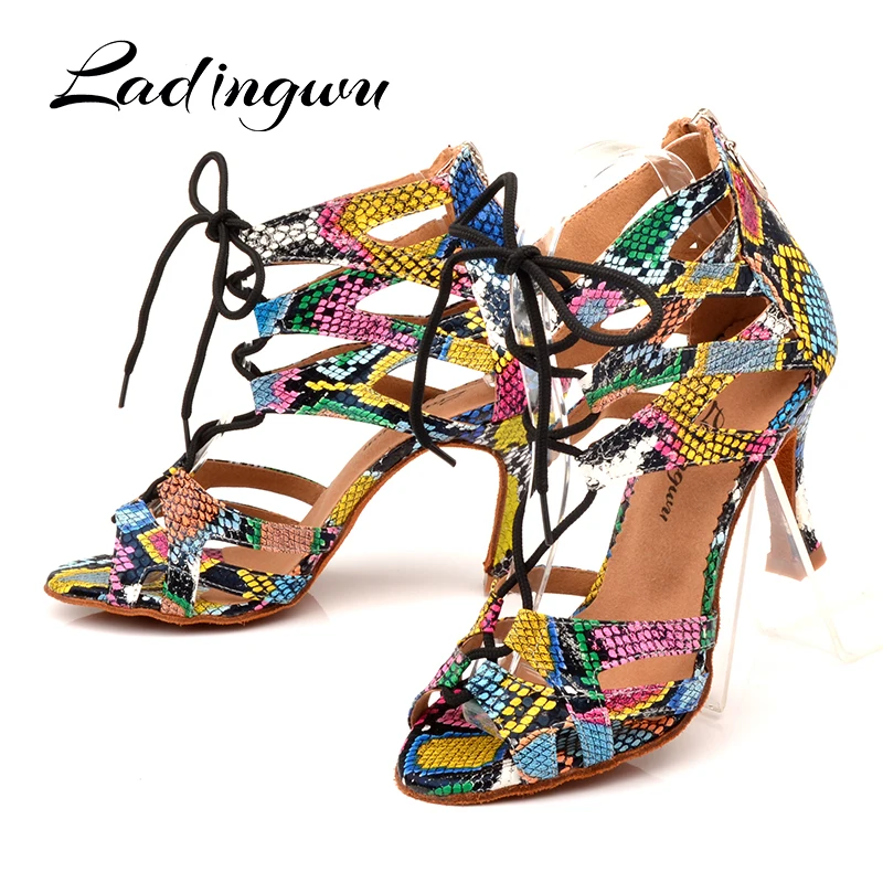 Ladingwu Dance Shoes Women's Latin Shoes Dance Boots Trend Snake texture Salsa Dance Shoes Wide and narrow adjustment Shoelace