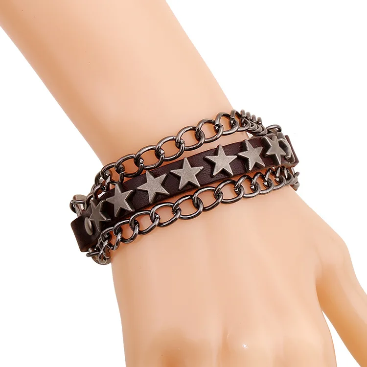 

Boho Gypsy Hippie Vintage Punk Brown Leather Copper Star Bead Chain Metal Charms Wrap Unisex Adjustable Layered Leather Bracelet