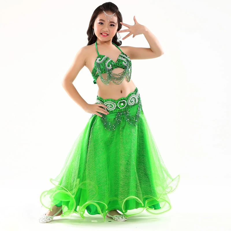 2018 Stage Performance New Arrivals Children Dance Wear Beaded Outfits Belly Costume Bra Belt Mesh Skirt #814 | Тематическая одежда