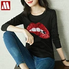 Женская хлопковая Футболка с забавными блестками, модные футболки с блестками и красными губами, женская футболка с длинным рукавом, Женская Милая футболка с круглым вырезом, женская футболка