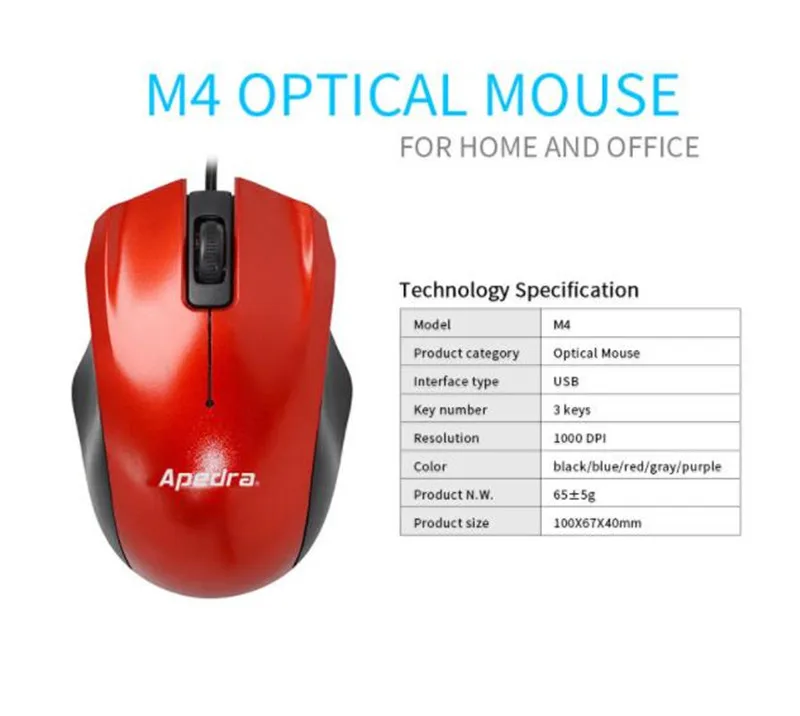 Apedra M4 Professional Wired Optical Mouse 3 Button 1000DPI 1.2m USB Office Mice Simple For Laptop Computer | Компьютеры и офис