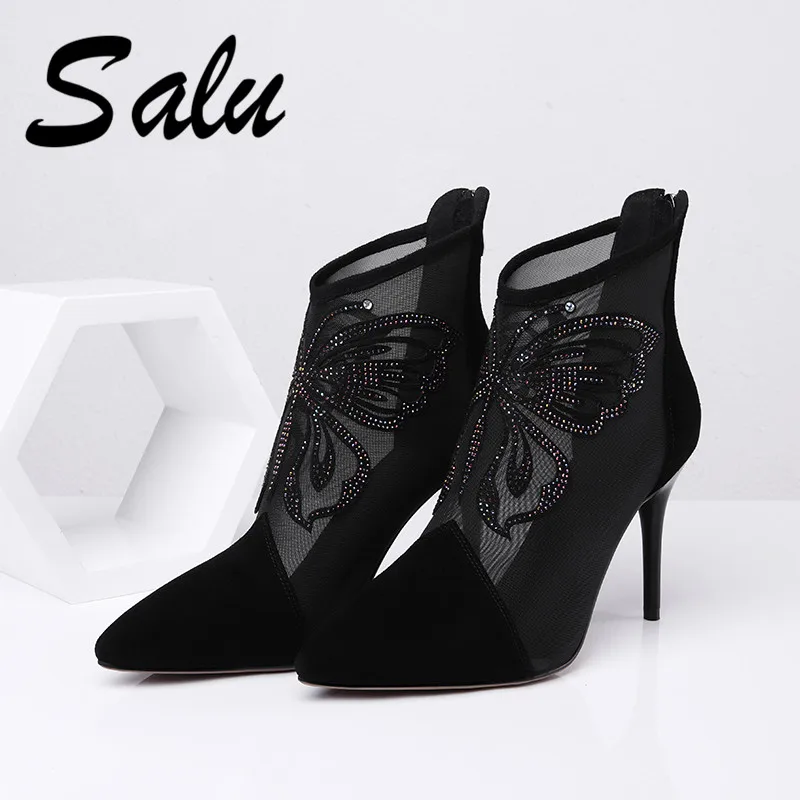 

Salu Hot Sale Genuine Leather Boots New Summer Ankle Boots for Women Black Boots High Heels Sexy Pointed Toe Shoes Woman
