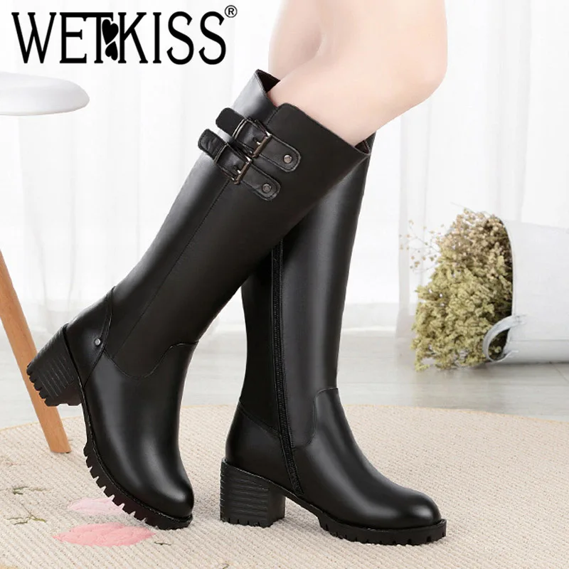 WETKISS Knee High Cow Leather Woman Boots Zip Round Toe Footwear Warm Heels Female Snow Boot Platform Shoes 2018 New | Обувь