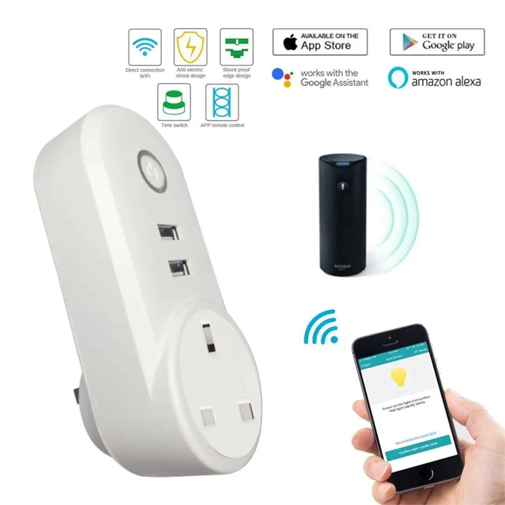 100 шт. Великобритания Smart Plug с двумя портами usb 10A домашняя Автоматизация Wi-Fi розетка Голосовое управление работа с Alexa IFTTT Google Home