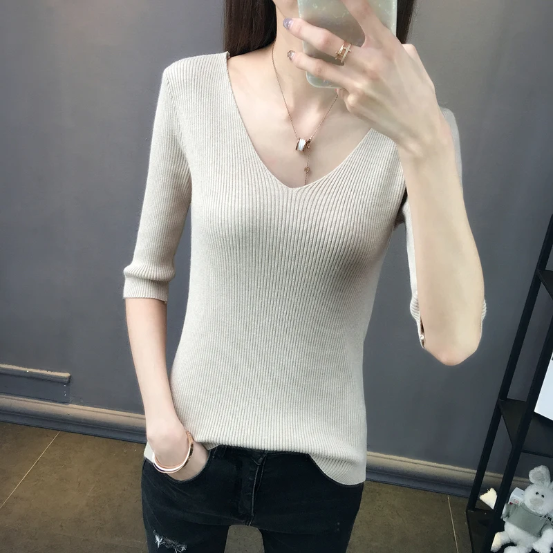 Летний Тонкий женский свитер с v-образным вырезом однотонный вязаный коротким