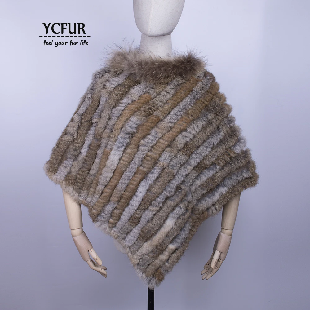 

YCFUR Women Stoles Ponchos Winter Knit Rabbit Fur Ladies Shawls Scarves with Raccoon Fur Collar Winter Warm Poncho Women