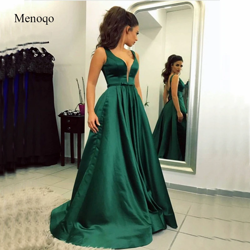 

Elegant 2020 Evening Dresses Long with Pockets A-Line Gown Double V-Back Satin Formal Evening Party Dress for Women