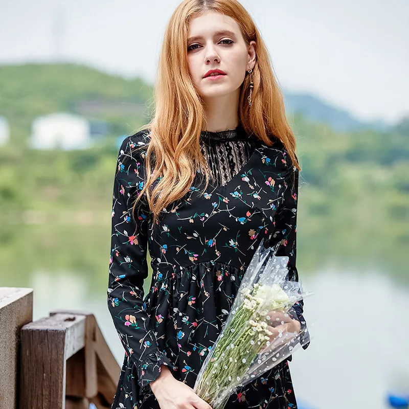 Черный Цветочный принт Винтаж платье Женский 2018 Новый Long Sleeve Swing Hem Midi осеннее Для