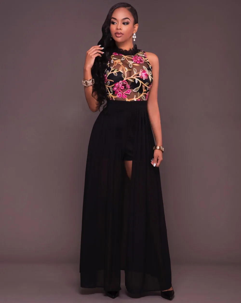 Женский комбинезон из натурального полиэстера и хлопка прямой с вышивкой