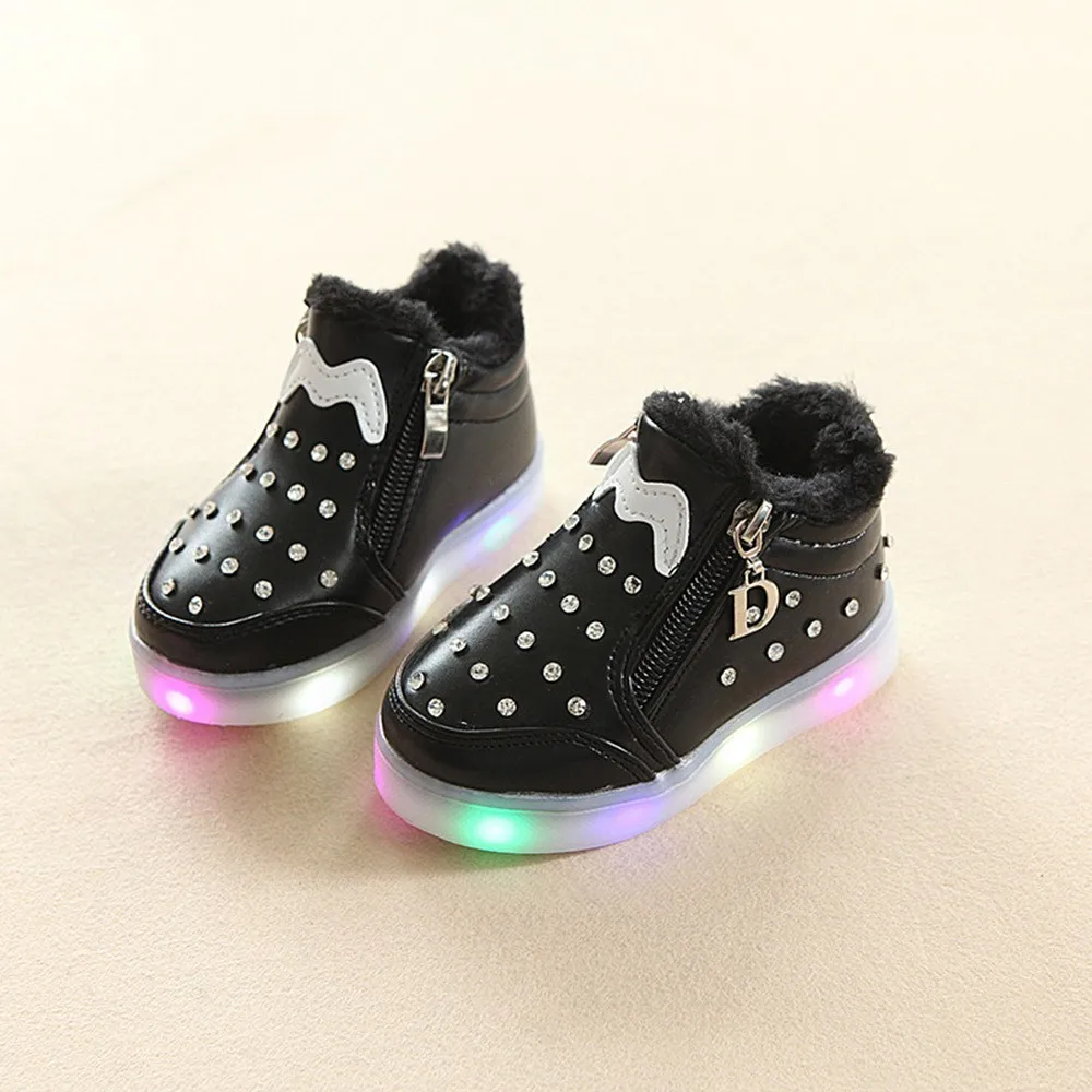 Children Baby Girls Zip Crystal Led Light Luminous Running Sport Sneaker Shoes | Детская одежда и обувь