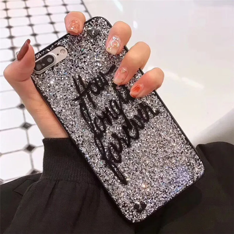 Блестящие чехлы с блестками для iPhone 6, 6S Plus, модная блестящая задняя крышка с буквенным принтом для iPhone X, 8 Plus, 7, 7 plus, cqoue Capa