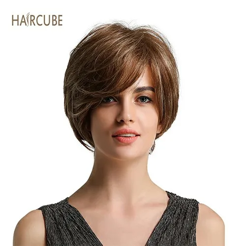 Medium Brown Haircube " короткий синтетический женский парик с боковой челкой смешанные 50% настоящие человеческие волосы естественный вид и длительный стиль - Цвет: Medium Brown