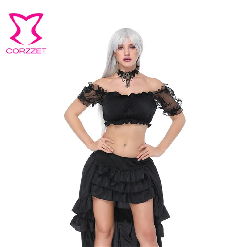 Женский топ с коротким рукавом Corzzet черный фонариком открытыми плечами +