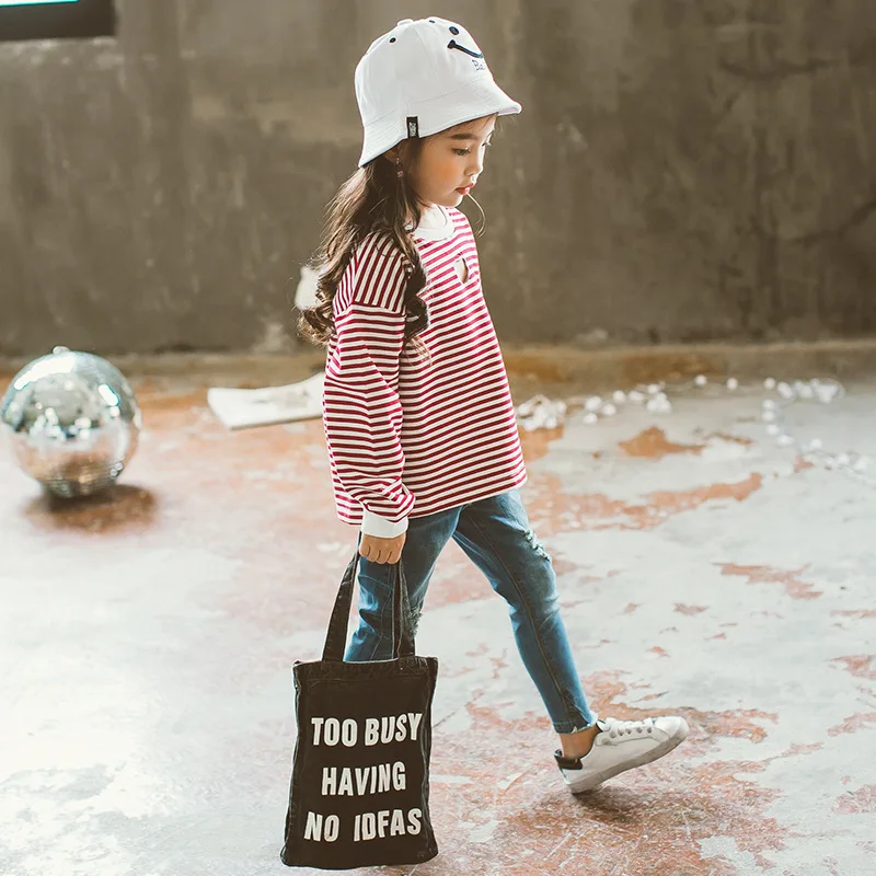 Zingirl New Fashion Brief Striped Girls T-Shirts Casual Loose Hole Patchwork Children's Clothing Soft Breathable O-Neck Tops Tee | Детская