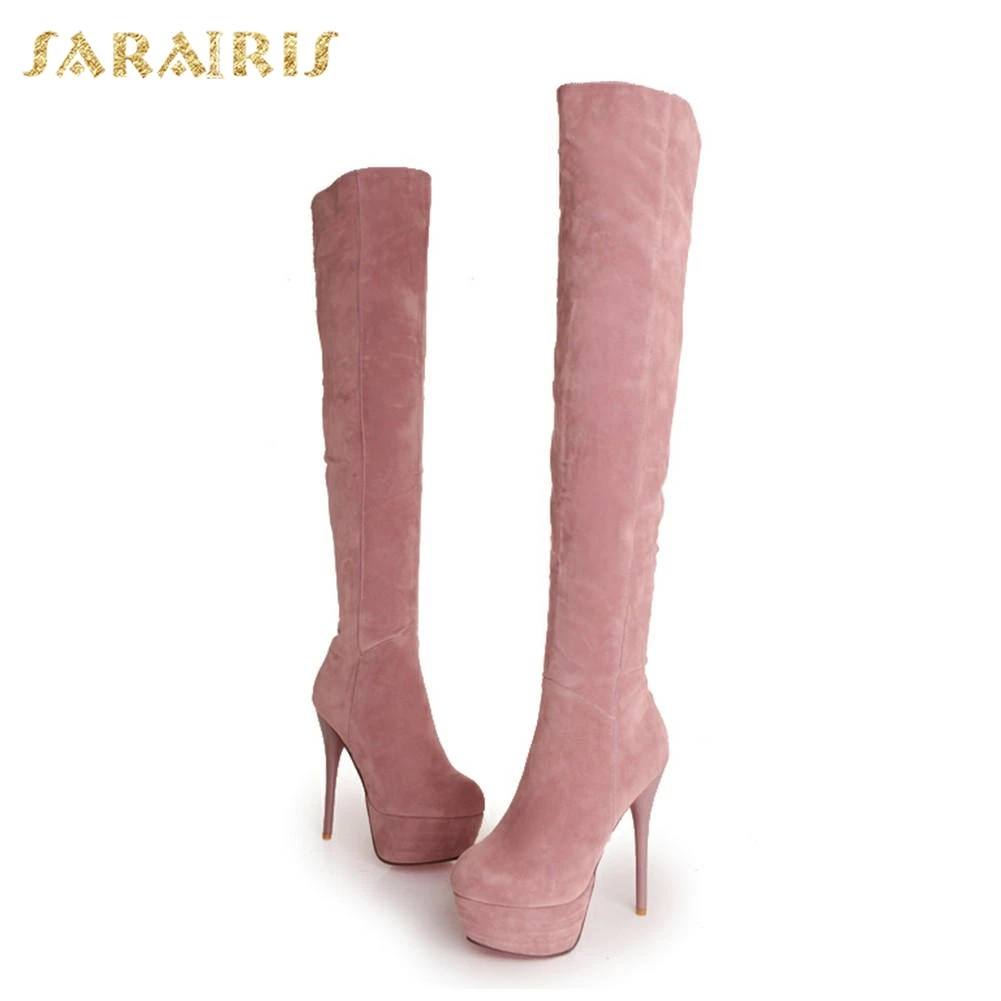 SARAIRIS/распродажа, большие размеры 32-43, Сапоги выше колена модные вечерние женские туфли на высоком тонком каблуке и платформе женские высокие сапоги