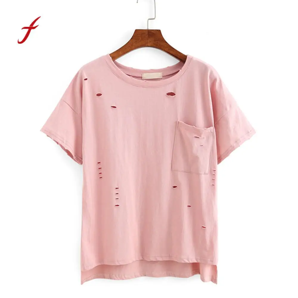 Women Loose Short Sleeve T Shirt Hole Solid Casual Girls Female Pocket Stylish Fashion Cotton Top Pink Sweet | Женская одежда