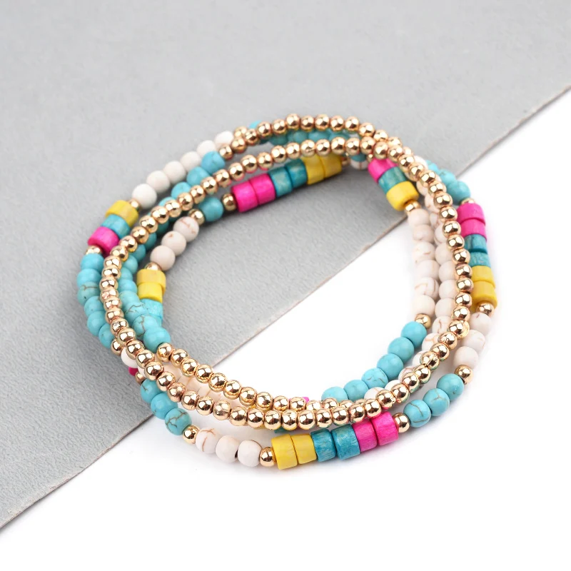 4 Pcs/Set Multilayer Elastic Casual Womens Bracelets Cute Tiny Natural Turquoises Stone Plastic Beads Femme BCSET291 | Украшения и