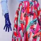 28 см Лакированная кожа теплые перчатки среднего и длинная куртка с секциями из ткани, имитирующей кожи из PU искусственной кожи (PU) с эластичными зеркало ярко-синего цвета Для женщин перчатки WPU100-28