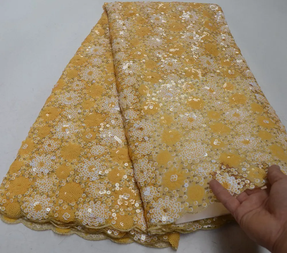 

5 yard yellow wedding french lace very neat allover sequins embroidery African tulle lace fabric Nigerian celebration