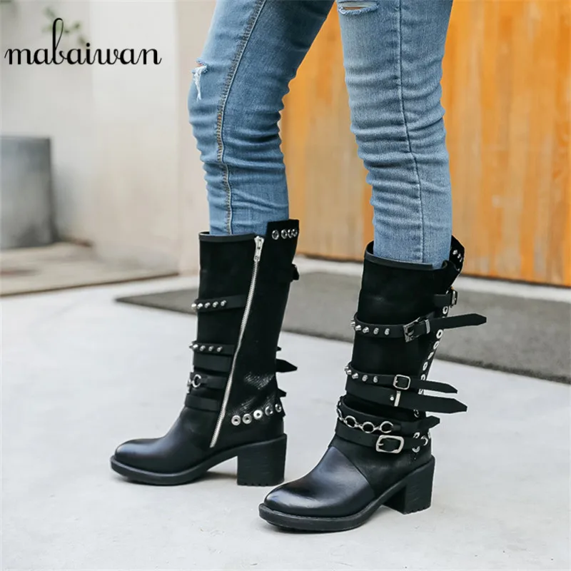 

Mabaiwan New Casual Women Vintage Genuine Leather Shoes Women's High Heel Winter Rivets Riding Mid Calf Ladies Snow Short Boots