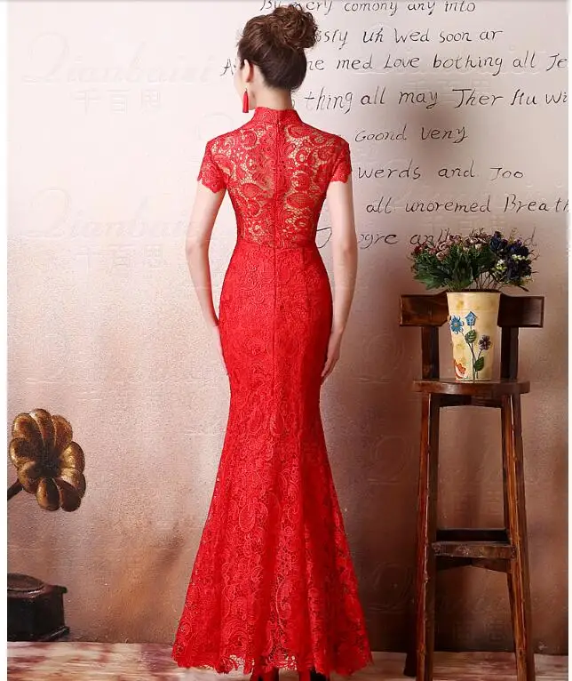 Китайский стиль Qipao красное кружево Cheongsam женские восточные воротники Свадебные