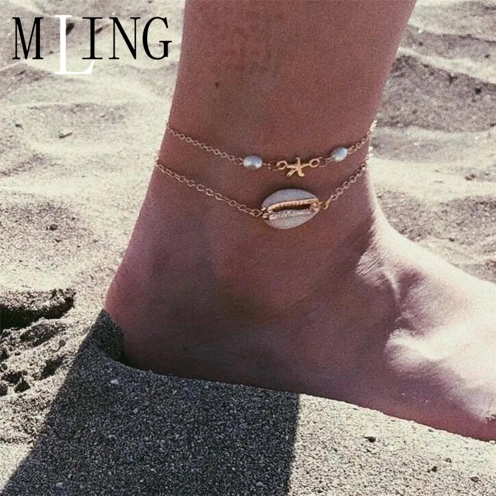 MLING 2 шт./компл. винтажный двухслойный пляжный ножной браслет богемная ракушка