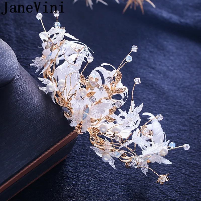 

JaneVini 2019 Gold Bride Tiaras and Crowns Wedding White Feather Headdress Pearls Crystal Tiara Headband Bridal Hair Accessories