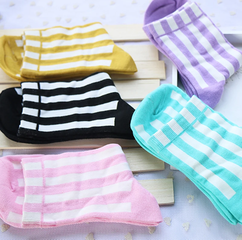 NEW Autumn/Winter 5 Pairs/Lot Woman Contrast Color Vertical Stripes Cotton Ankle Socks Female/Girl Thick Warm Joker Casual Meias