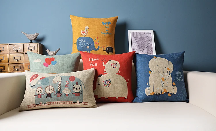 Льняная подушка в скандинавском стиле с изображением слонов|cotton cushion|decorative sofa