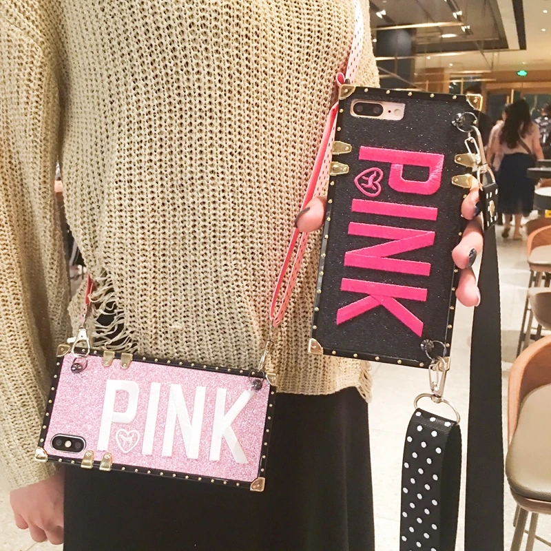 Luxury PINK Glitter Embroidery Leather Lanyard Brand Case for iPhone XR Max 7 8 6 s Plus X Samsung S8 S9 Note8 9 Secret |