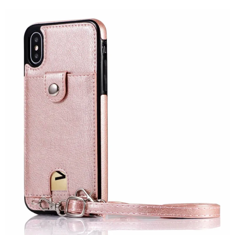 Для iPhone 7 кошелек сумка для кредитных карт Обложка на заднюю панель из искусственной кожи Кроссбоди с веревочным ремешком Длинная цепочка для iPhone 6 7 8 XR - Цвет: Rose Red
