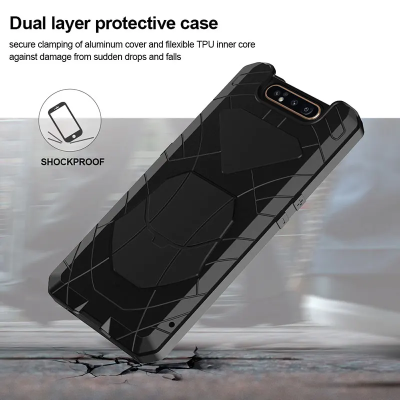 For Samsung Galaxy A80 Phone Case Hard Aluminum Metal Tempered Glass Screen Gift Protector Cover Heavy Duty Protection Cover
