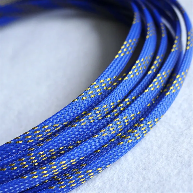 

5/20/50/200 Meters Blue & Golden High quality 6mm Braid PET Expandable Sleeving High Density Sheathing Plaited Cable Sleeves