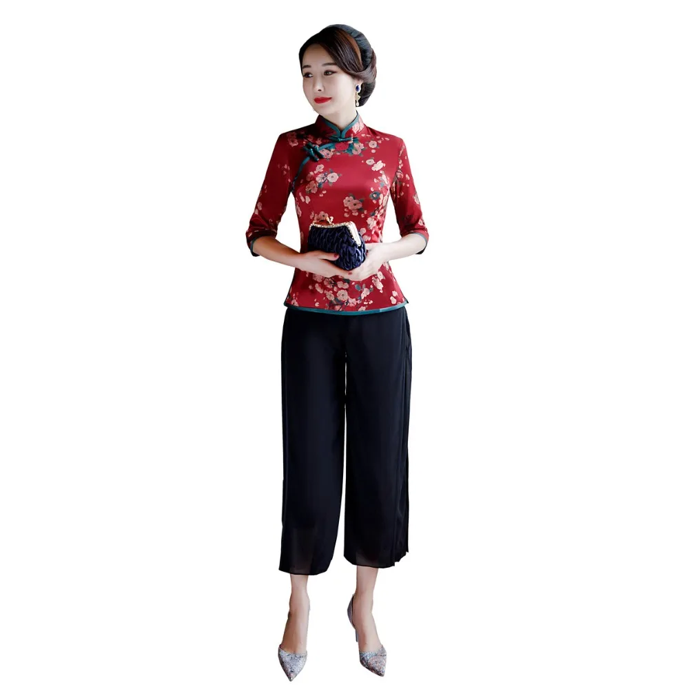 Шанхай история 3/4 рукав Cheongsam топ + брюки комплект Китайская традиционная одежда