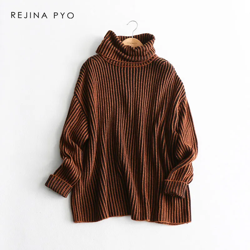 BIAORUINA Women High Quality Chic Contrast Color Striped Solid Knitted Sweater Pullovers Turtleneck 2019 Spring New Arrival | Женская