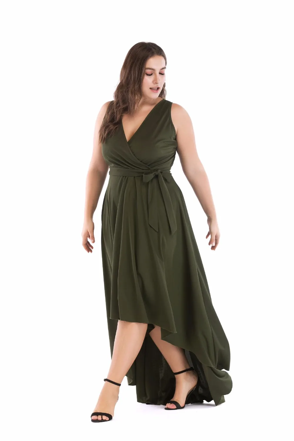 Large Size Party Deep V Neck Sleeveless Maxi Dress Amy Green Lady Evening Swing Asymmetrical Hem High Low Cami 5XL | Женская одежда