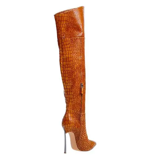 Sexy Brand Croco Pattern Leather Silver-tone Metal Heel Over the Knee Boots Blade Heel Pointed Toe Thigh High Booty Black Brown