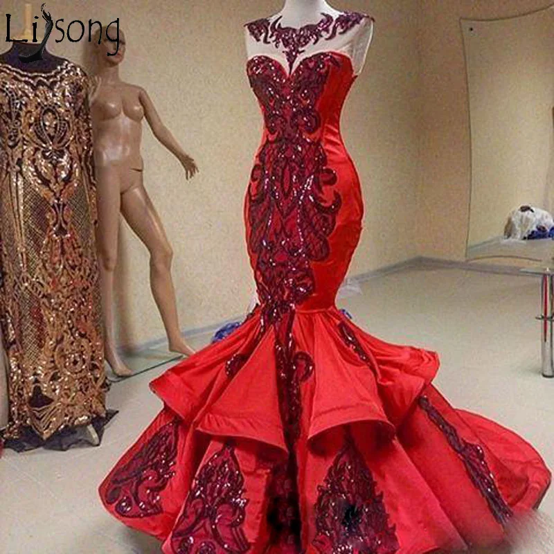 

Real Photo Red Mermaid Prom Dress Long Luxury Appliques Beading Ruffles Evening Pageant Dresses Sheer Neck Bridal Guest Gowns