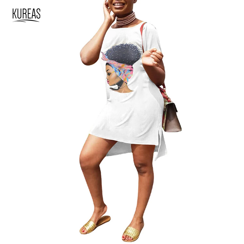 Kureas, женские африканские платья, повседневные, Vestido Dashiki, свободный принт, асимметричный подол, цельное мини-платье-рубашка, африканская одежда