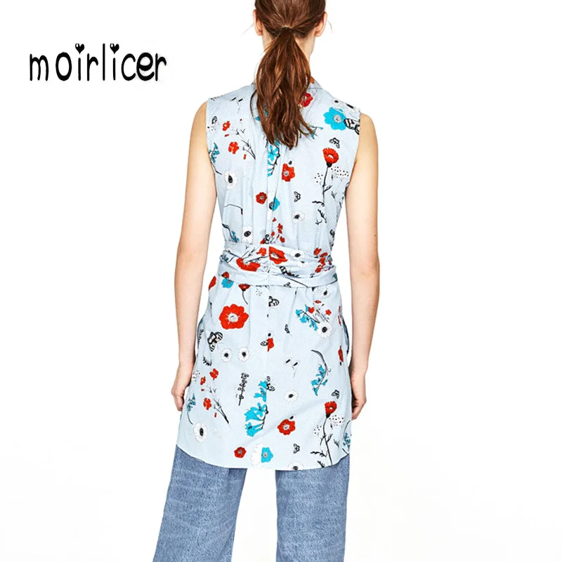Moirlicer Women sweet butterfly flower print shirt dress sashes sleeveless turn down collar summer ladies casual dresses vestido | Женская