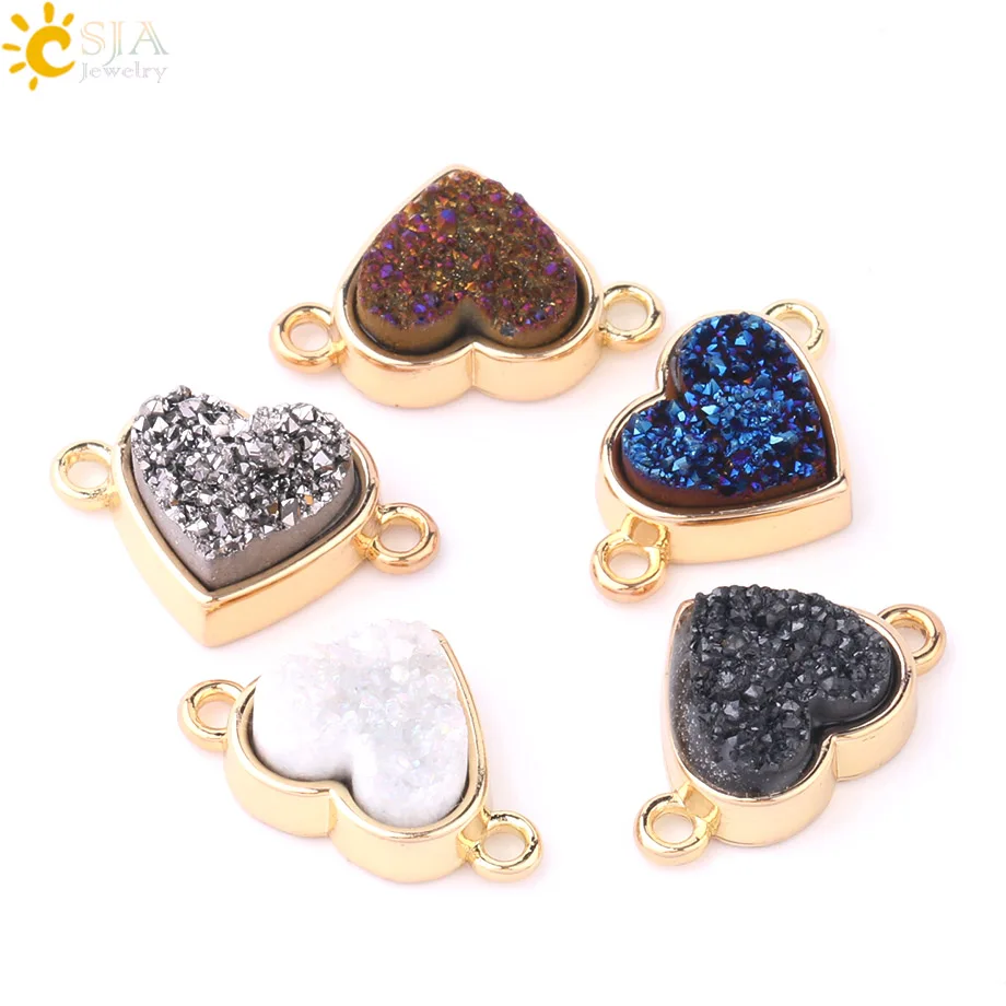 CSJA подвески в форме сердца Drusy Друза натуральный кристалл камень золотой цвет