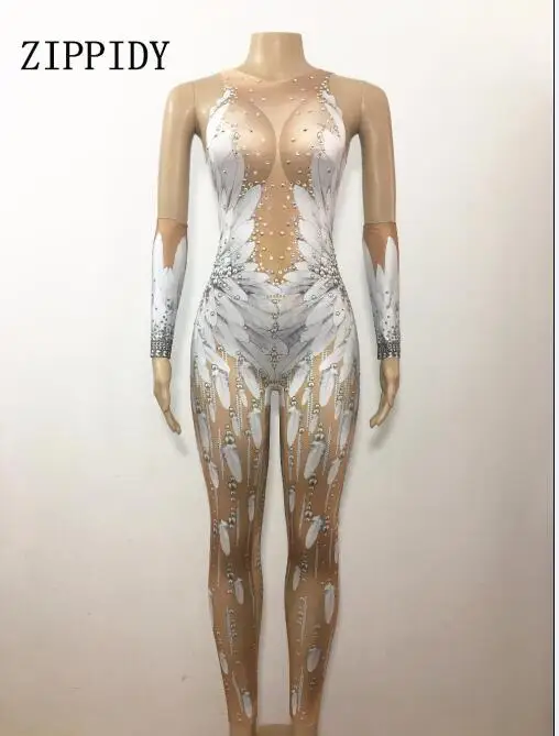Fashion Sexy Stretch White Feather Printed Bodysuit Wings Angel  Jumpsuit Nigthclub Singer Dance Outfit Stage Rompers
