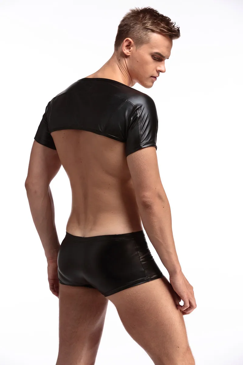 

1Set Sexy Men PU Faux Leather Short Sleeve Bodysuit Catsuit Body Suits DJ Gay Club Dance Wear Half Vest Tank+Boxers FX1035