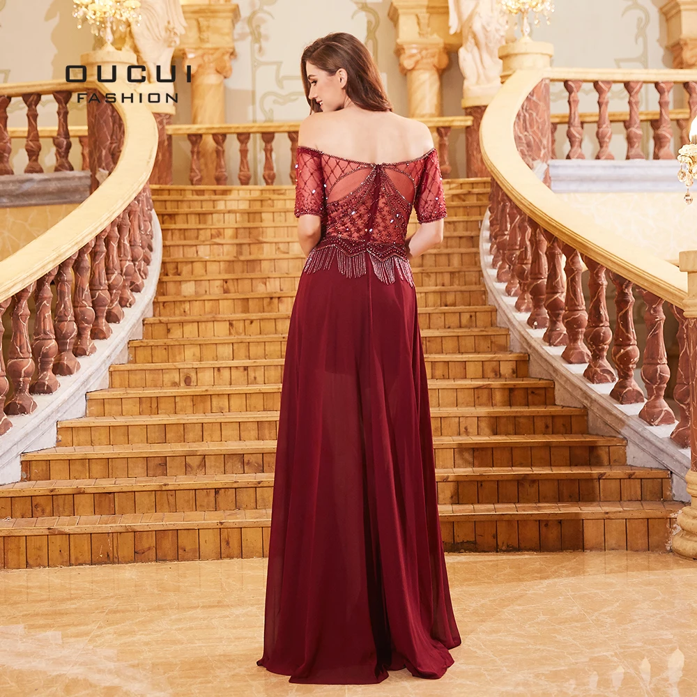 Oucui Wine Red Beading Tassel Off Shoulder Prom Dresses Sexy Sweetheart Tulle See Though Bodice Long Party Dress Women OL103294
