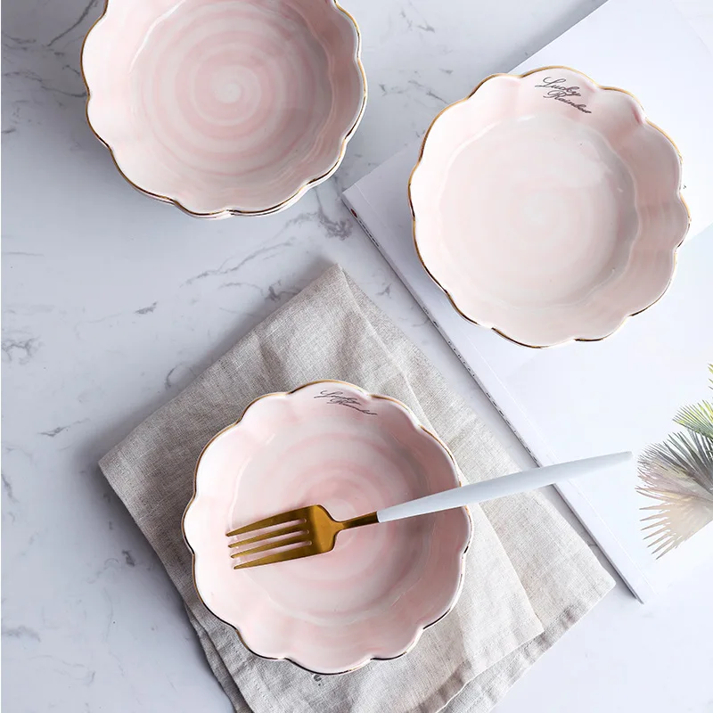 Европейский стиль синий розовый керамическая миска для лапши дизайн в полоску