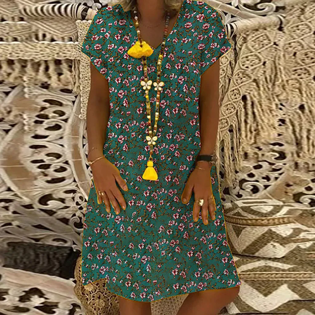 Женское винтажное летнее платье с цветочным принтом v образным вырезом и